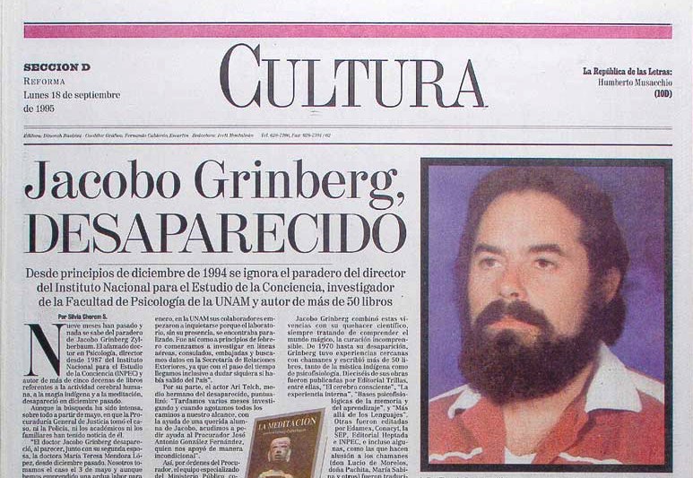 Recorte de periódico: Jacobo Grinberg, desaparecido